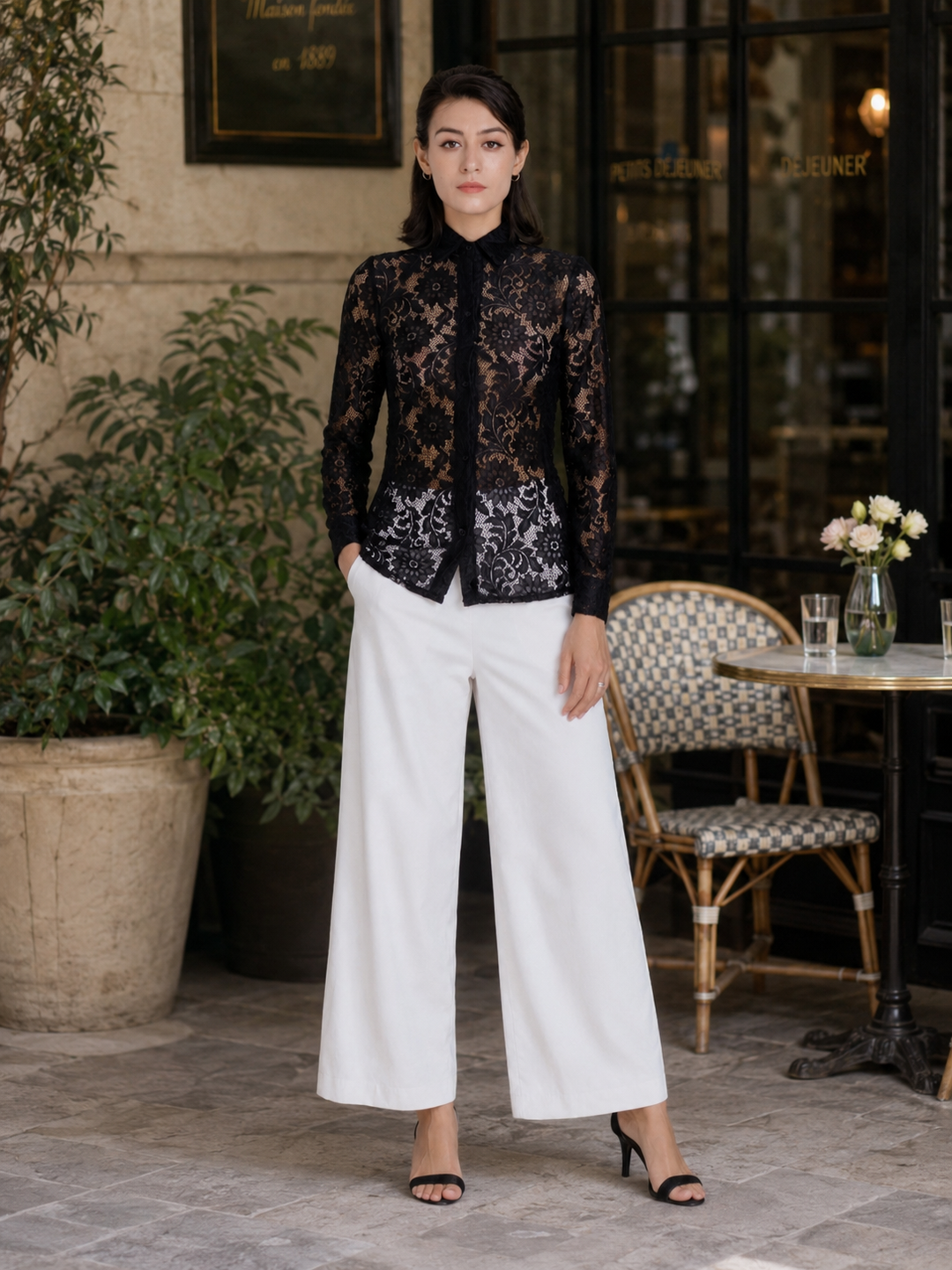 Celeste Black Floral Lace Button-Up Blouse