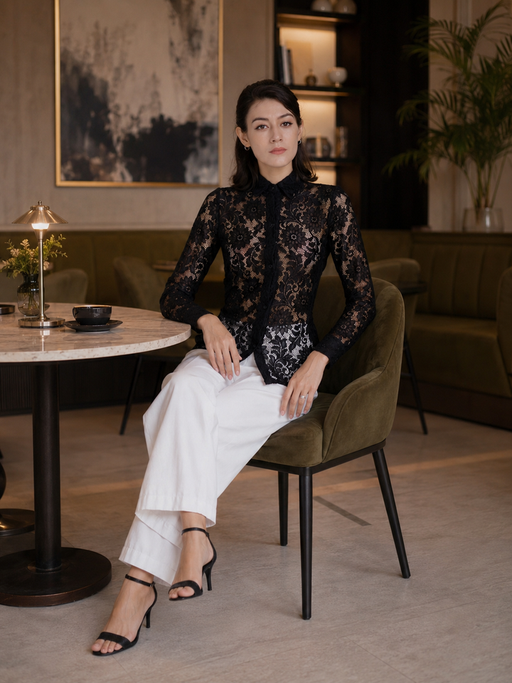 Celeste Black Floral Lace Button-Up Blouse