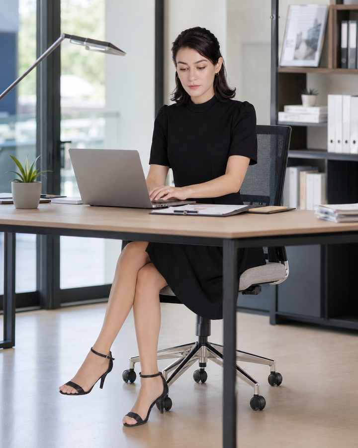 Women’s Elegant Black Mock Neck A-Line Work Dress, Short Sleeve Fit-and-Flare Business Casual Dress