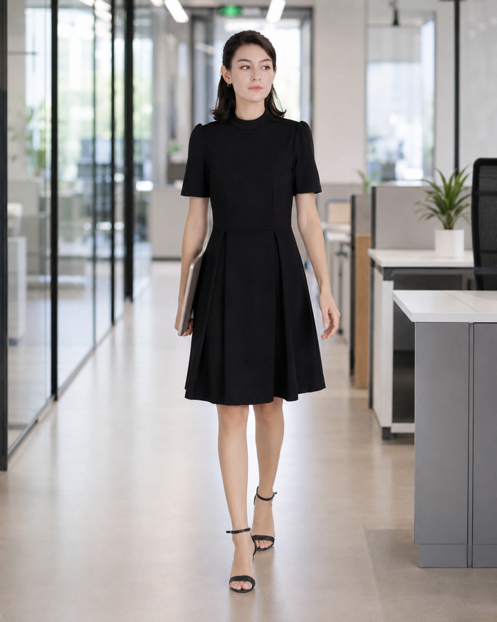 Women’s Elegant Black Mock Neck A-Line Work Dress, Short Sleeve Fit-and-Flare Business Casual Dress
