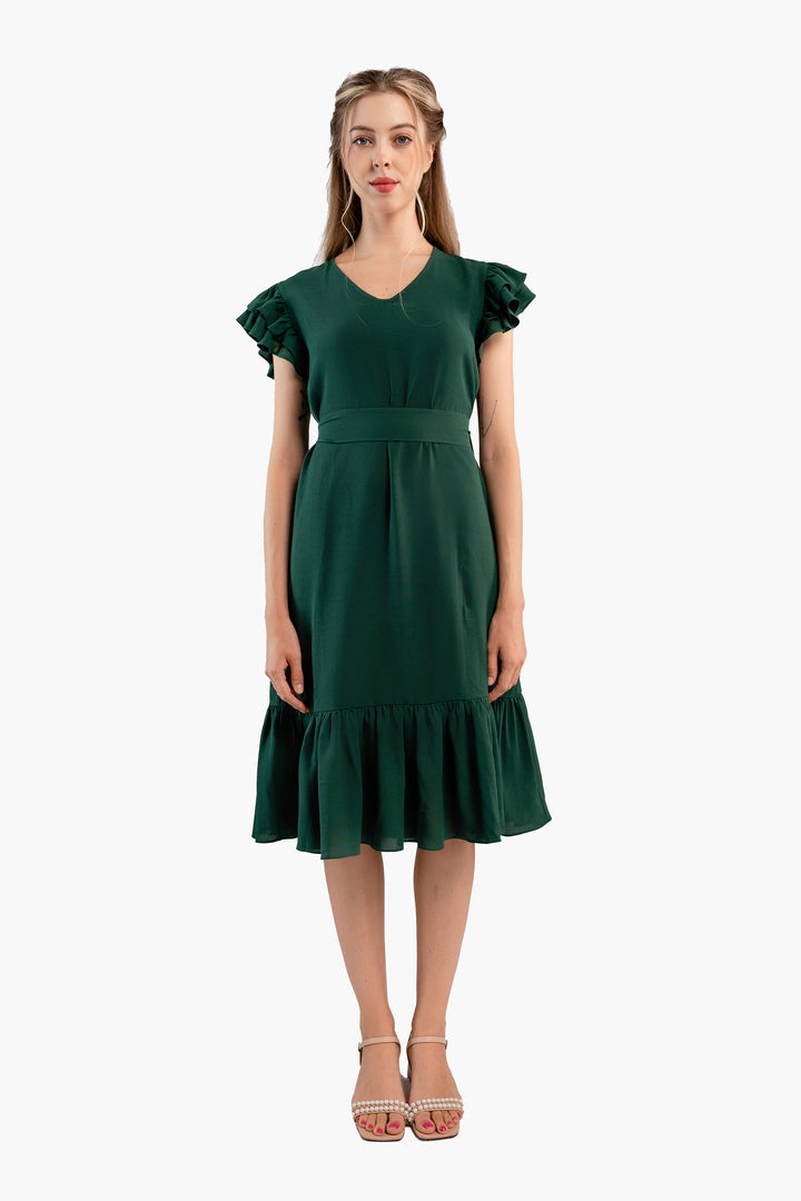 Pleated Flutter-Sleeve Dress-Dark green