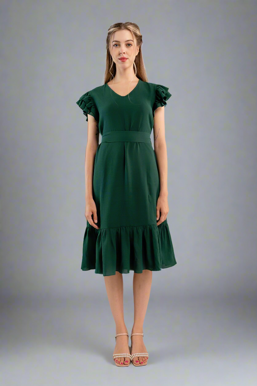 Pleated Flutter-Sleeve Dress-Dark green