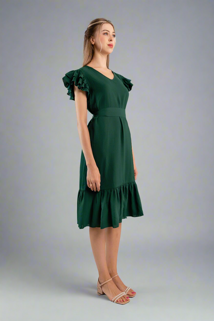 Pleated Flutter-Sleeve Dress-Dark green