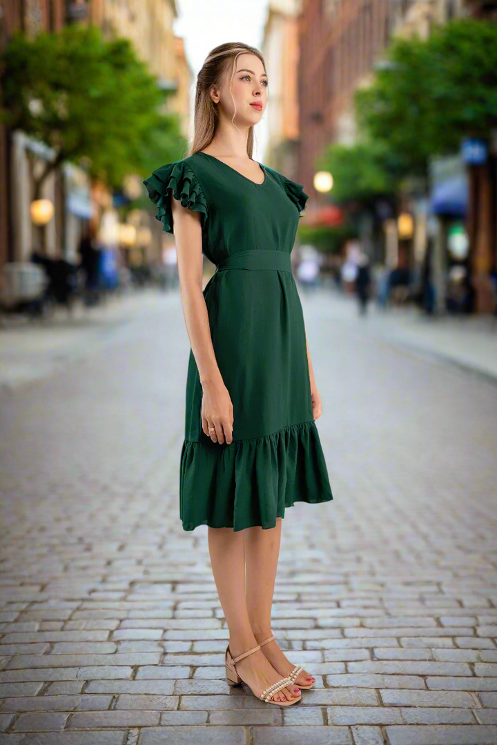 Pleated Flutter-Sleeve Dress-Dark green