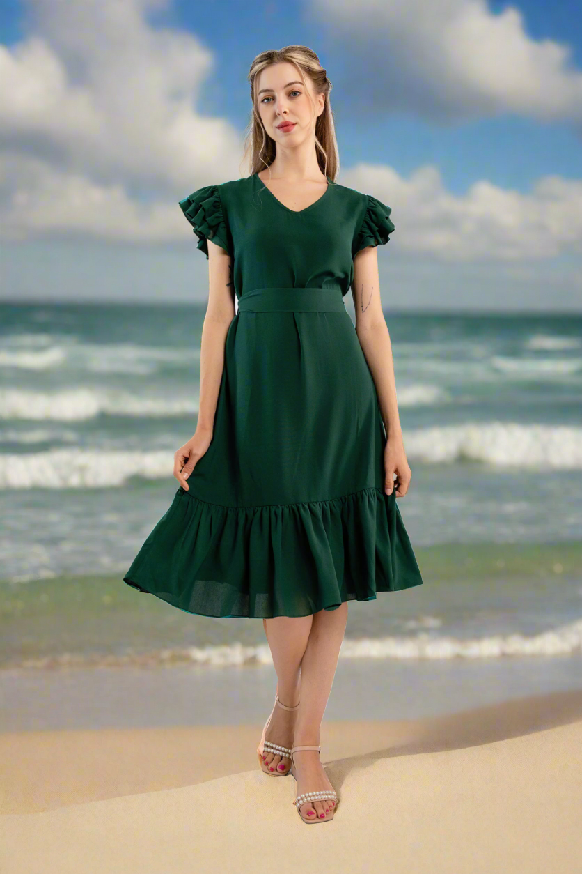 Pleated Flutter-Sleeve Dress-Dark green