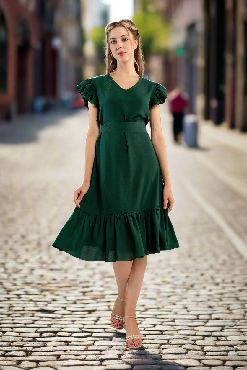 Pleated Flutter-Sleeve Dress-Dark green