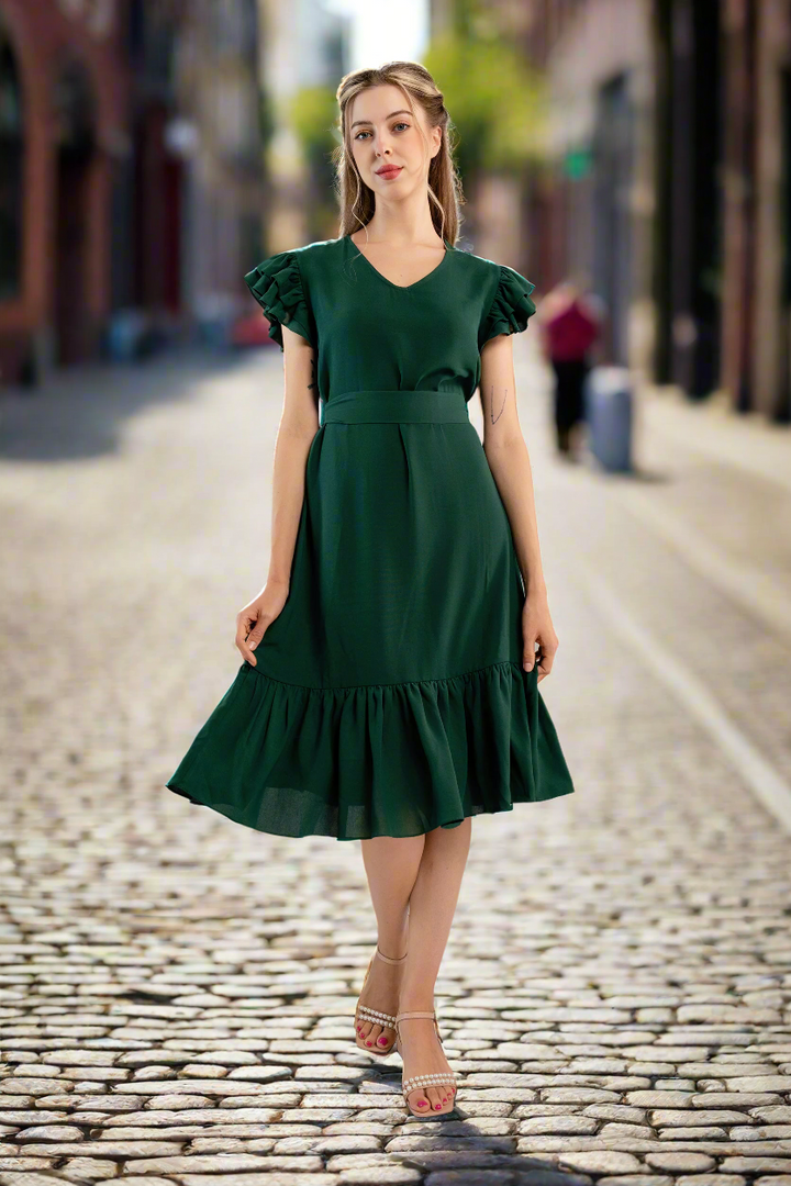 Pleated Flutter-Sleeve Dress-Dark green