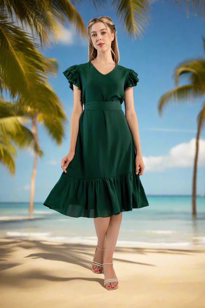 Pleated Flutter-Sleeve Dress-Dark green