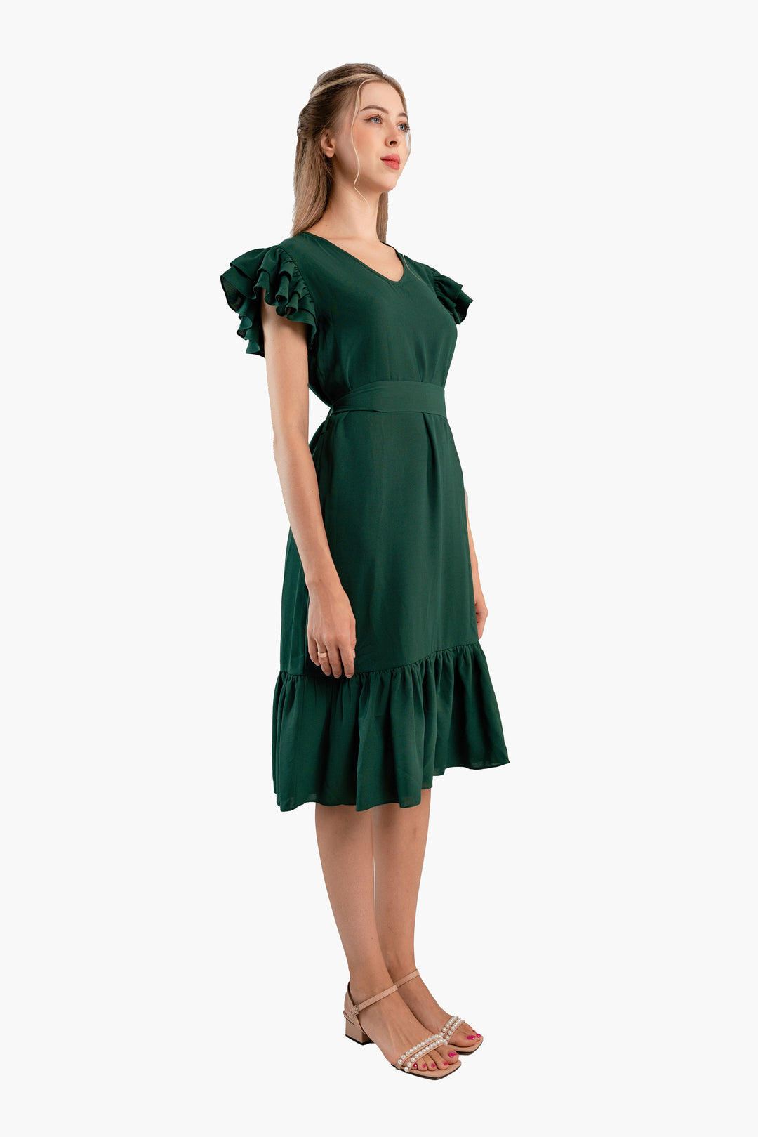 Pleated Flutter-Sleeve Dress-Dark green