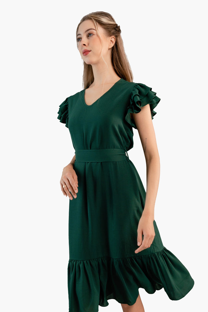 Pleated Flutter-Sleeve Dress-Dark green