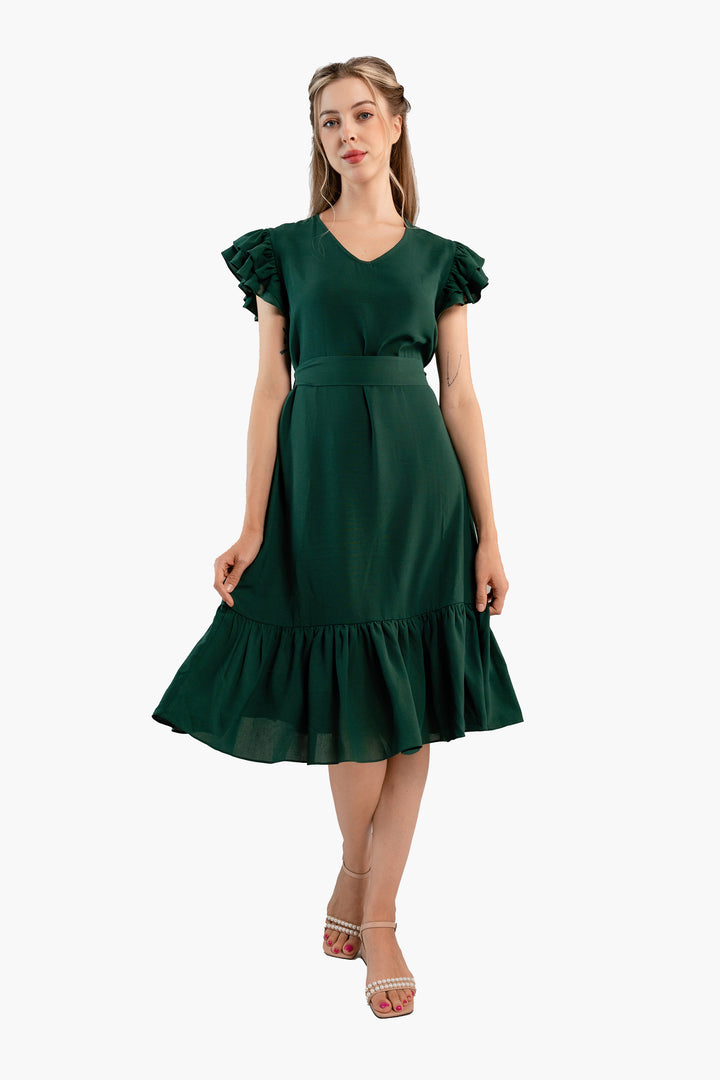 Pleated Flutter-Sleeve Dress-Dark green