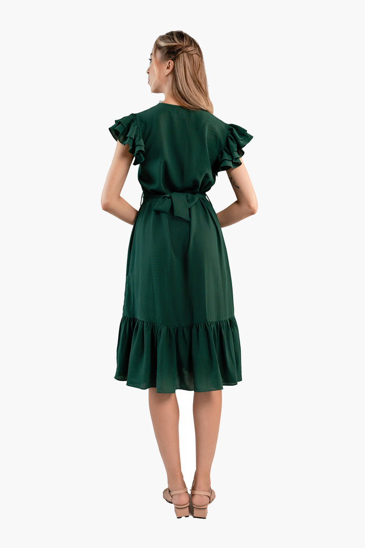Pleated Flutter-Sleeve Dress-Dark green