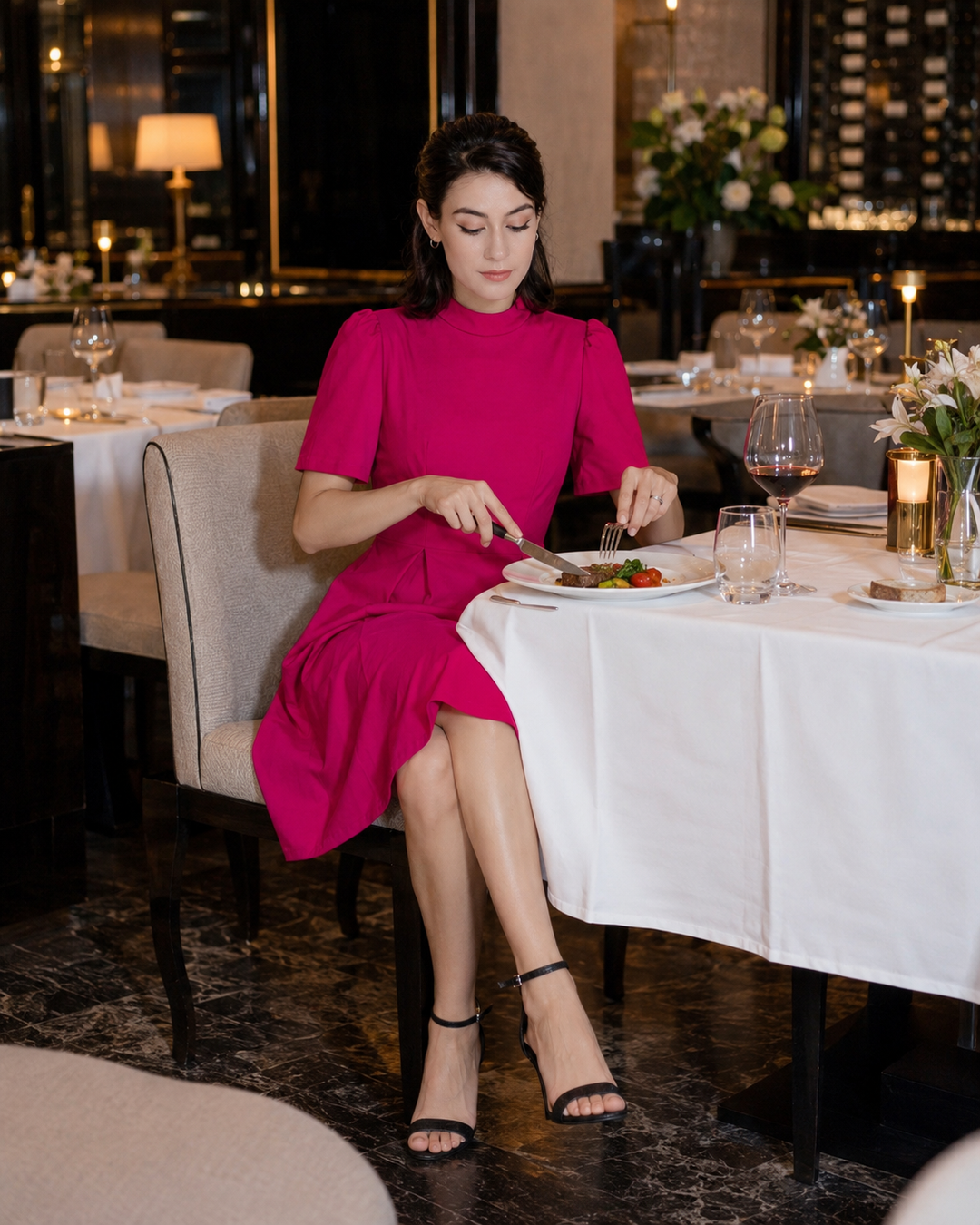 Elara Fuchsia Mock Neck Pleated Fit &amp; Flare Dress