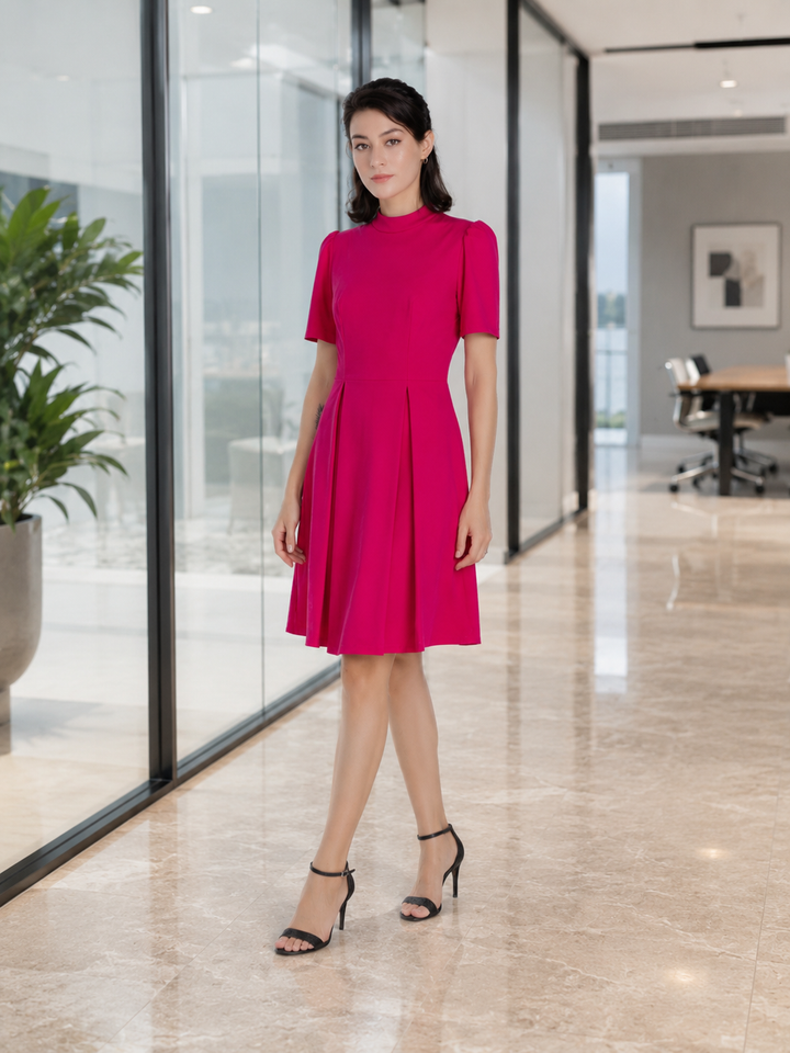 Elara Fuchsia Mock Neck Pleated Fit &amp; Flare Dress