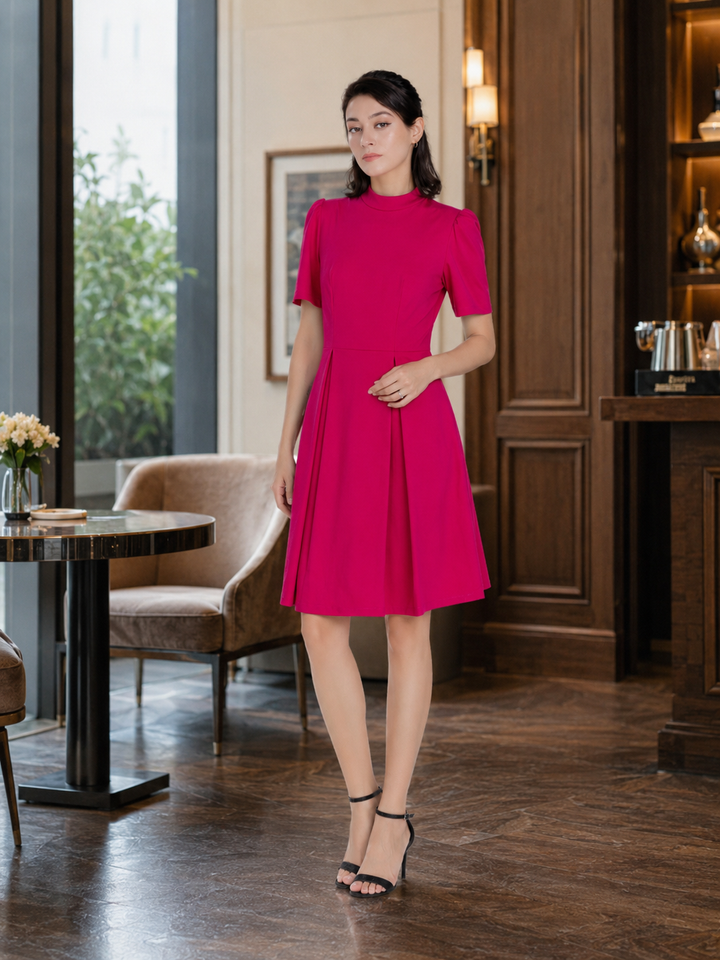 Elara Fuchsia Mock Neck Pleated Fit &amp; Flare Dress