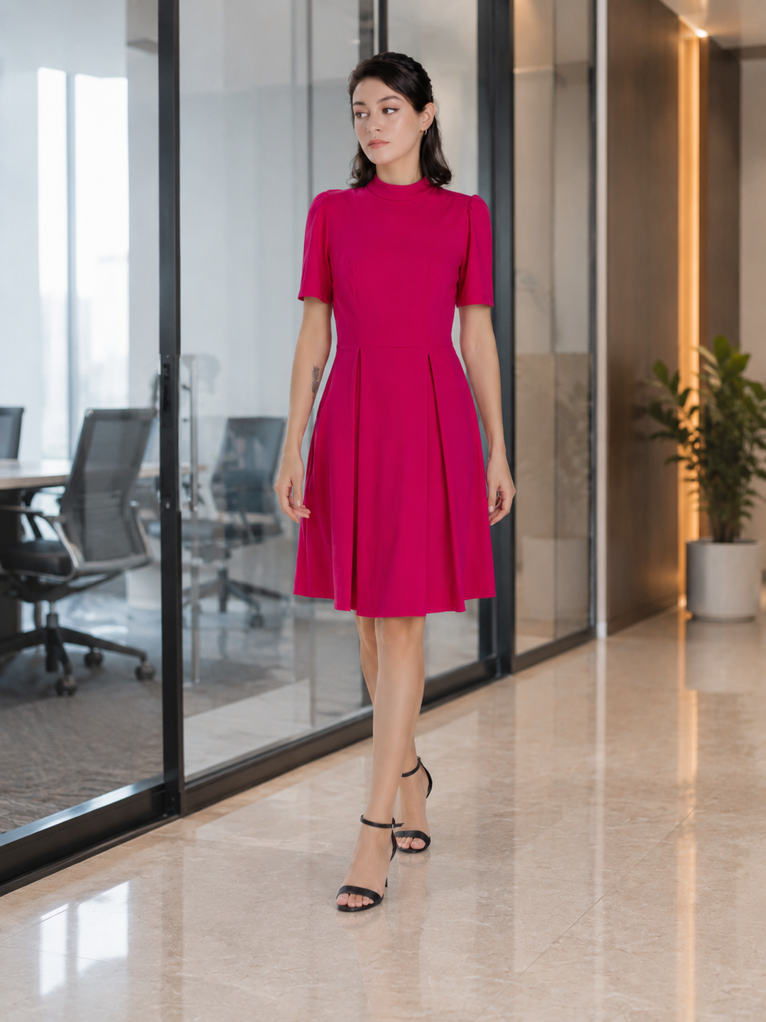 Elara Fuchsia Mock Neck Pleated Fit &amp; Flare Dress