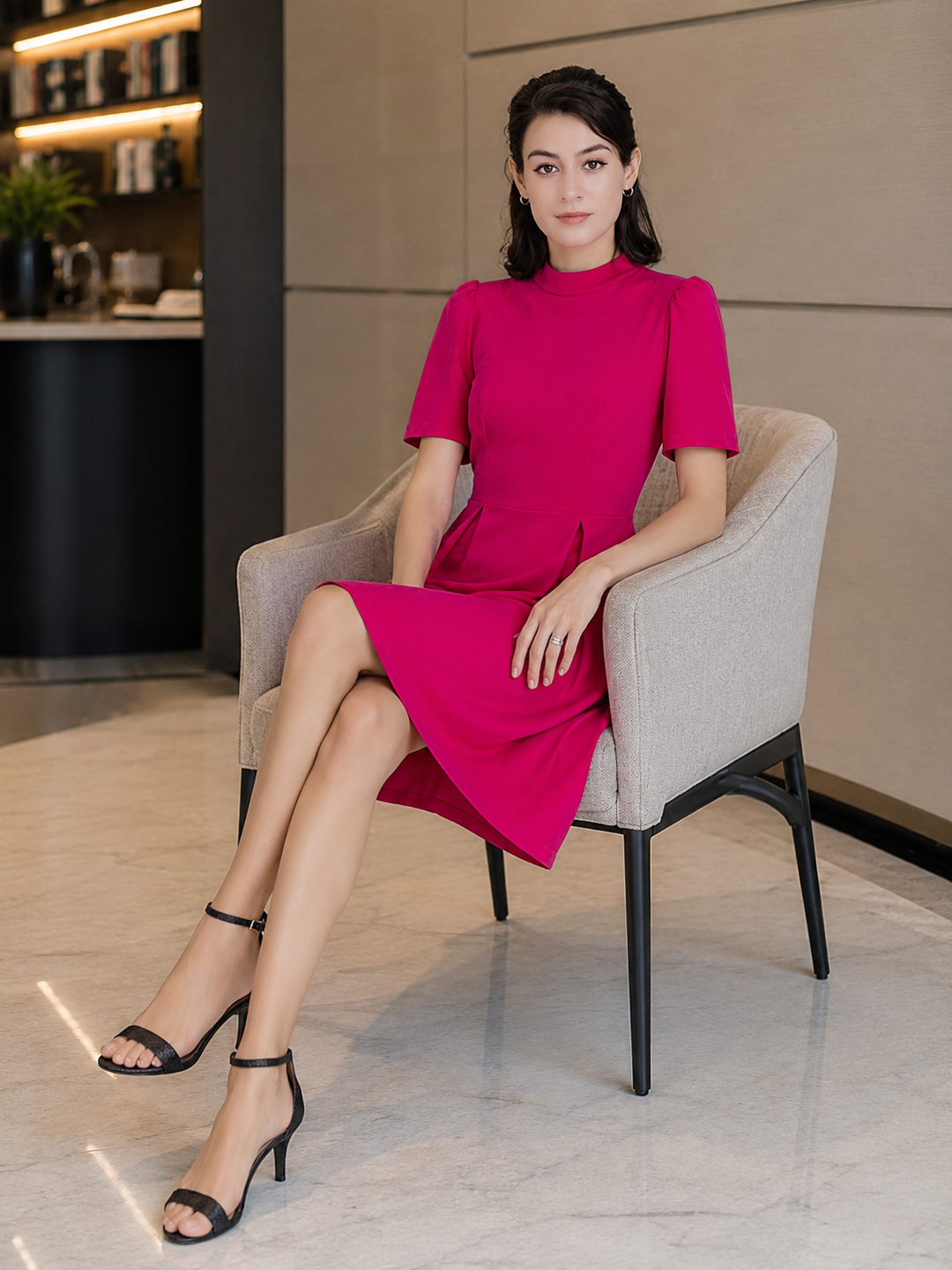 Elara Fuchsia Mock Neck Pleated Fit &amp; Flare Dress