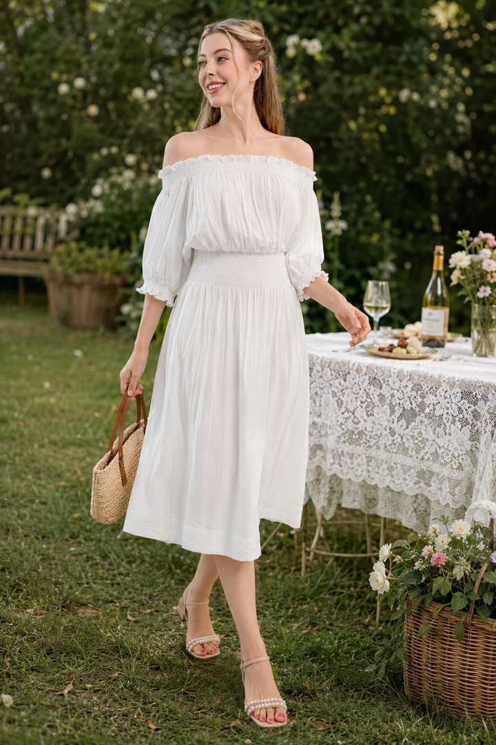 Elise Off-Shoulder Crinkle Midi Dress – White