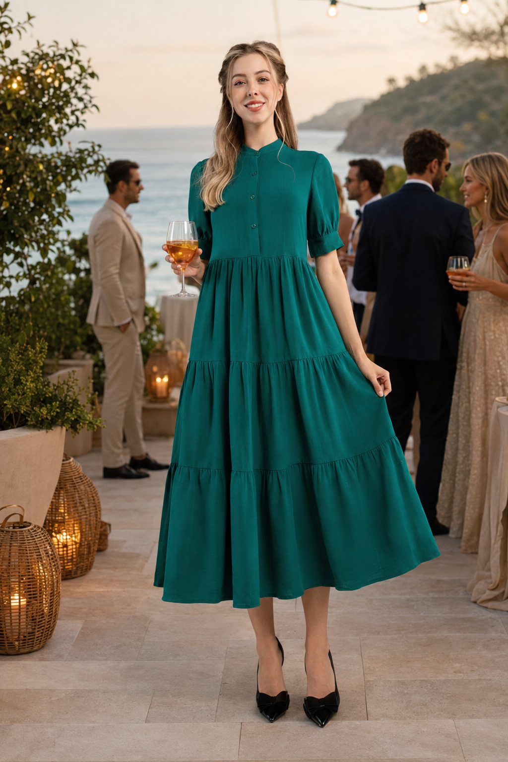 Emerald Green Tiered Midi Dress