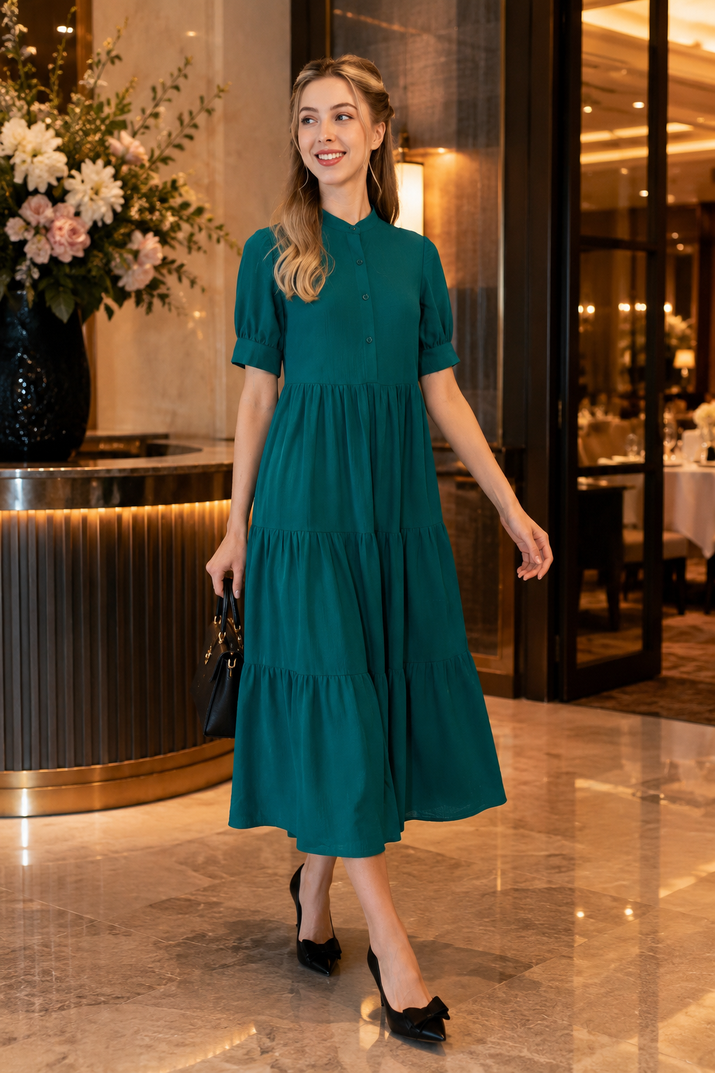 Emerald Green Tiered Midi Dress