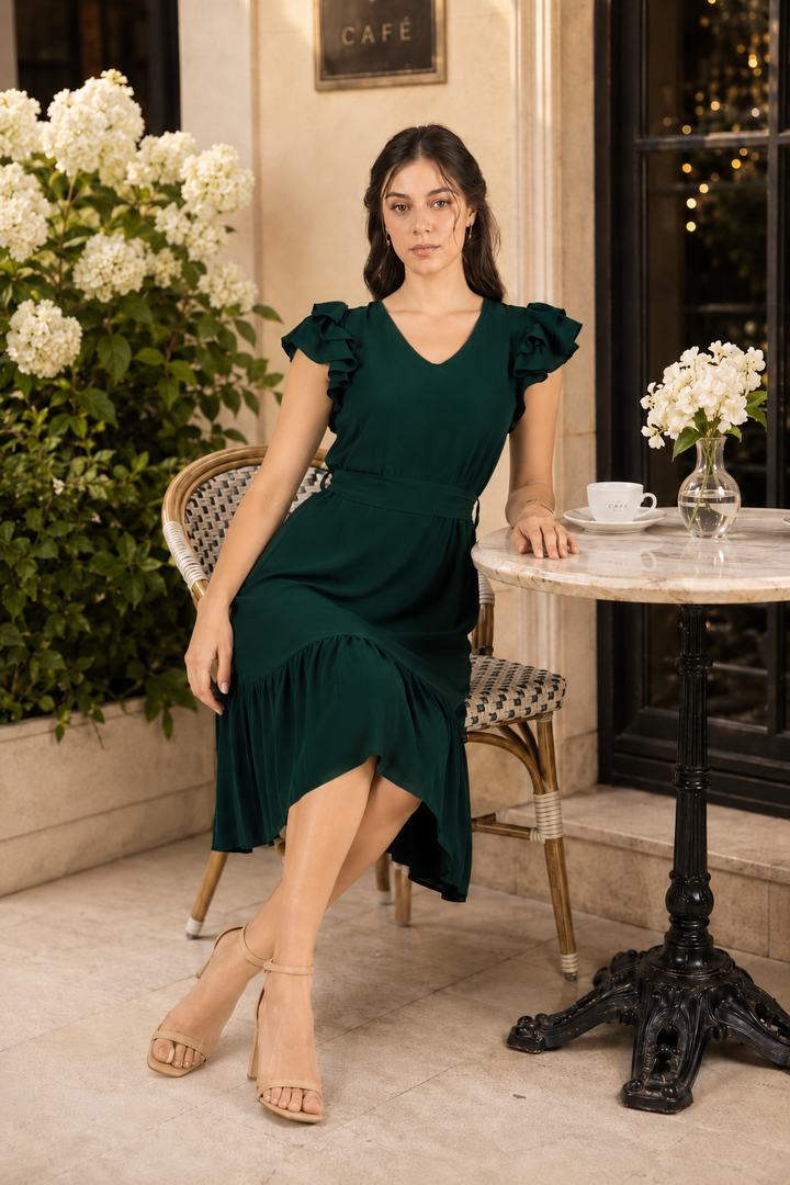 Pleated Flutter-Sleeve Dress-Dark green