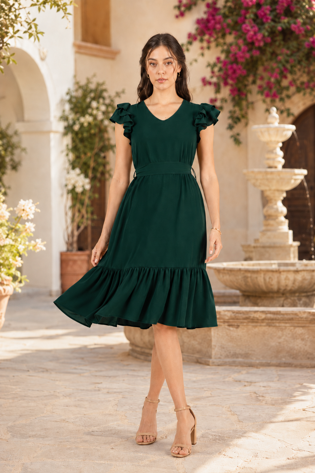 Pleated Flutter-Sleeve Dress-Dark green