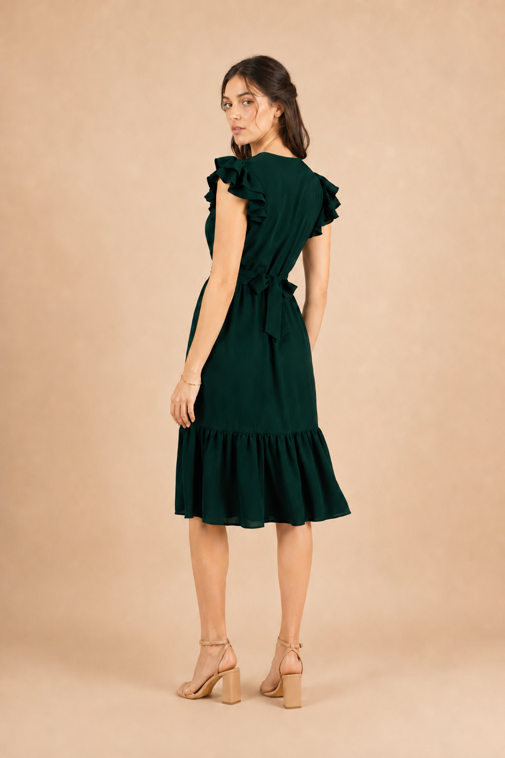 Pleated Flutter-Sleeve Dress-Dark green