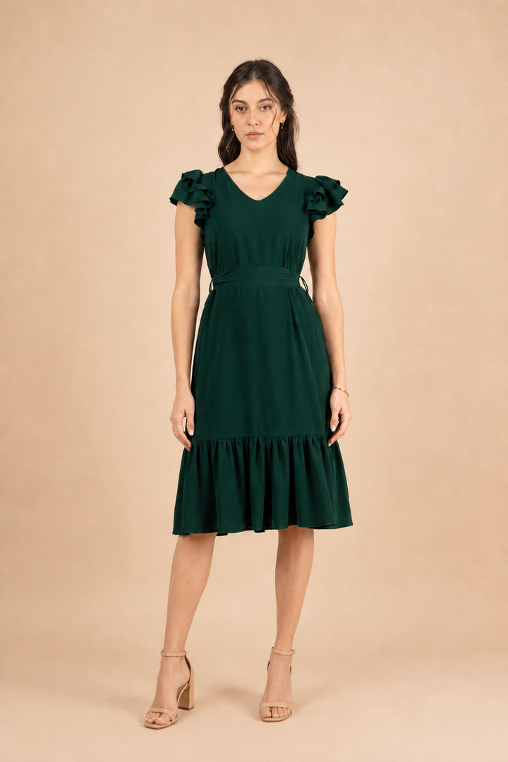 Pleated Flutter-Sleeve Dress-Dark green