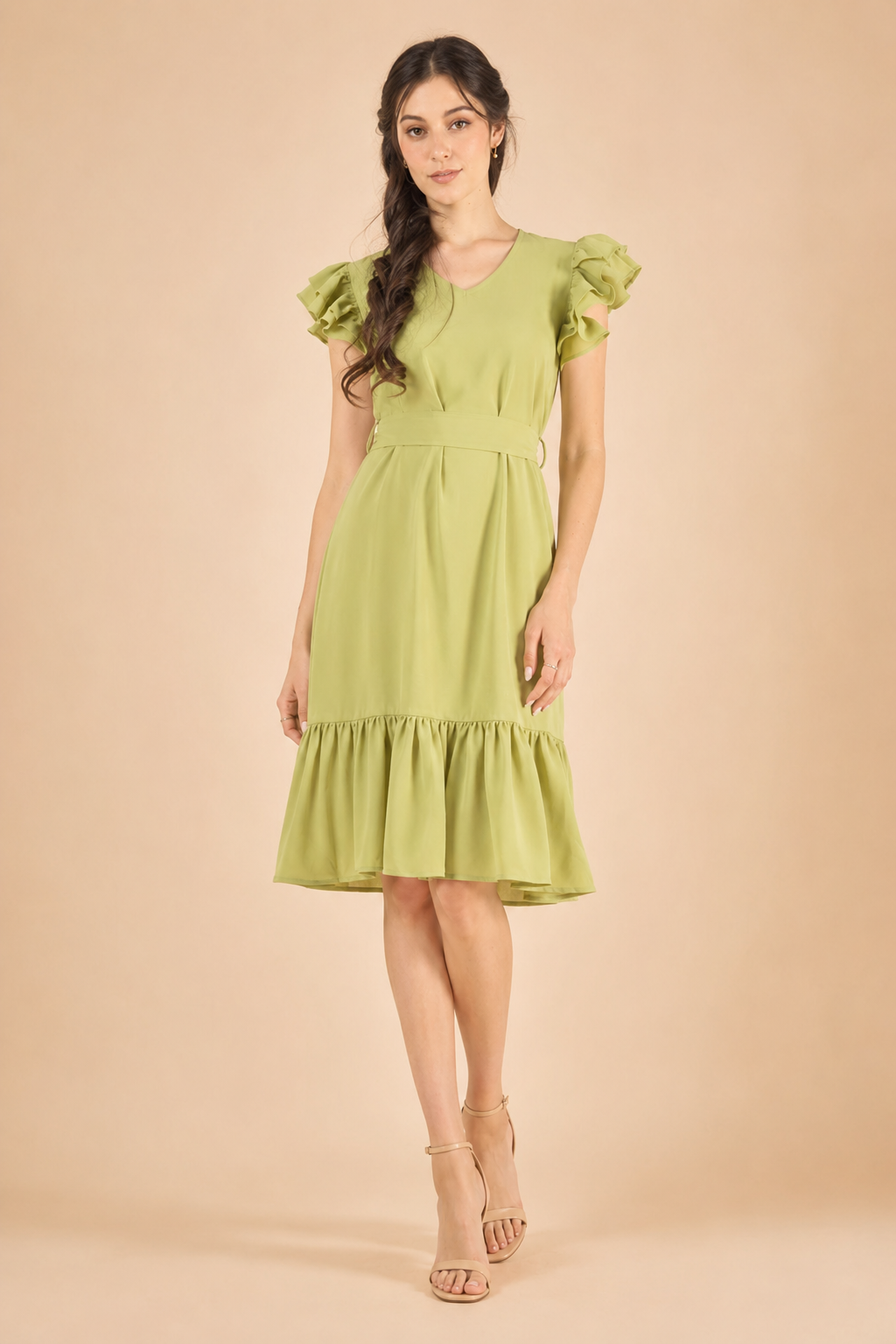 Evelyn Sage Light Green Ruffle Midi Dress