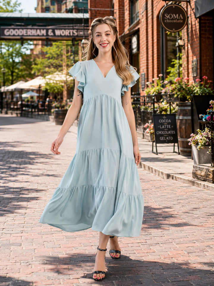 Flutter-Sleeve Tiered Maxi Dress