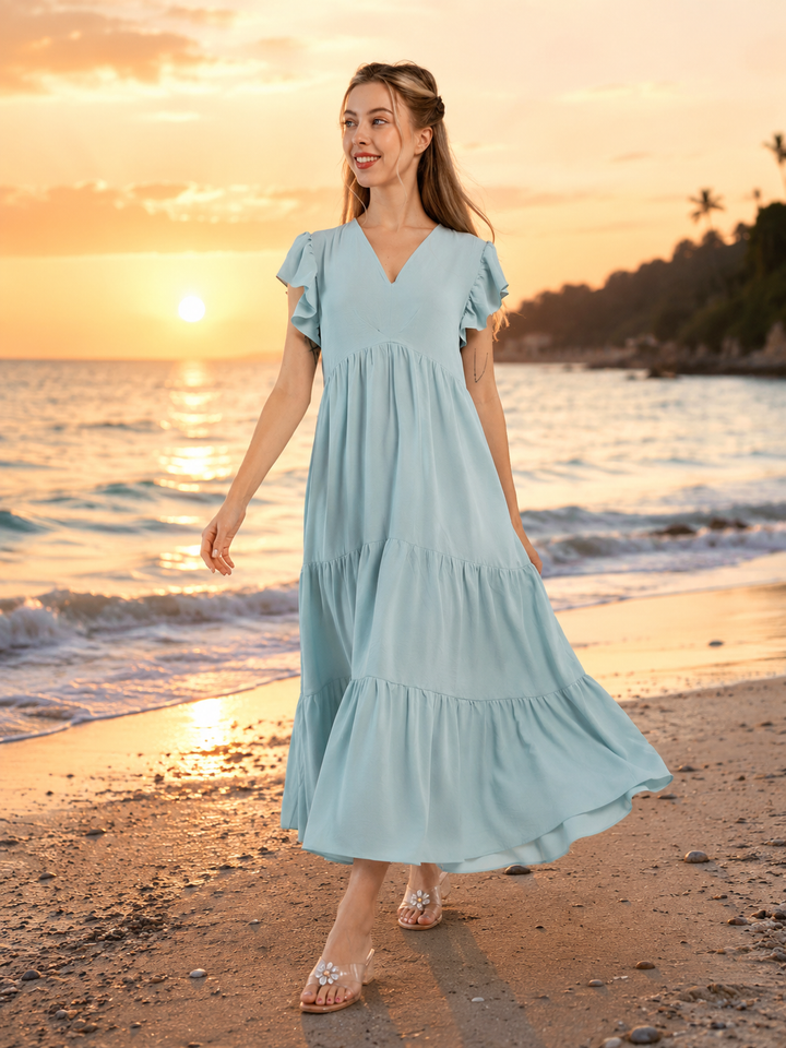 Flutter-Sleeve Tiered Maxi Dress