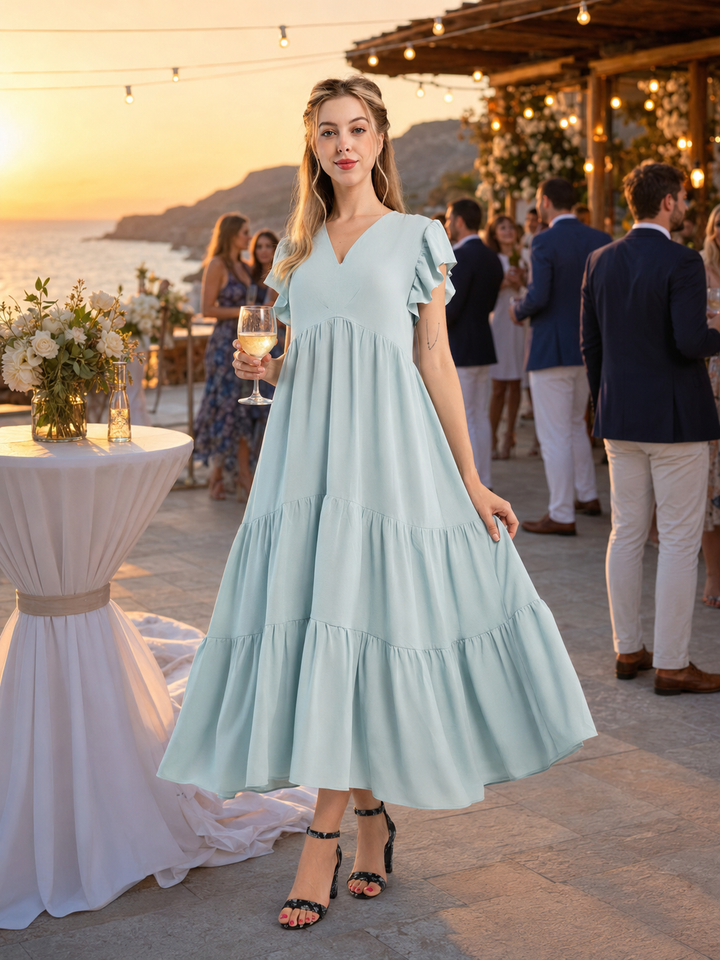 Flutter-Sleeve Tiered Maxi Dress
