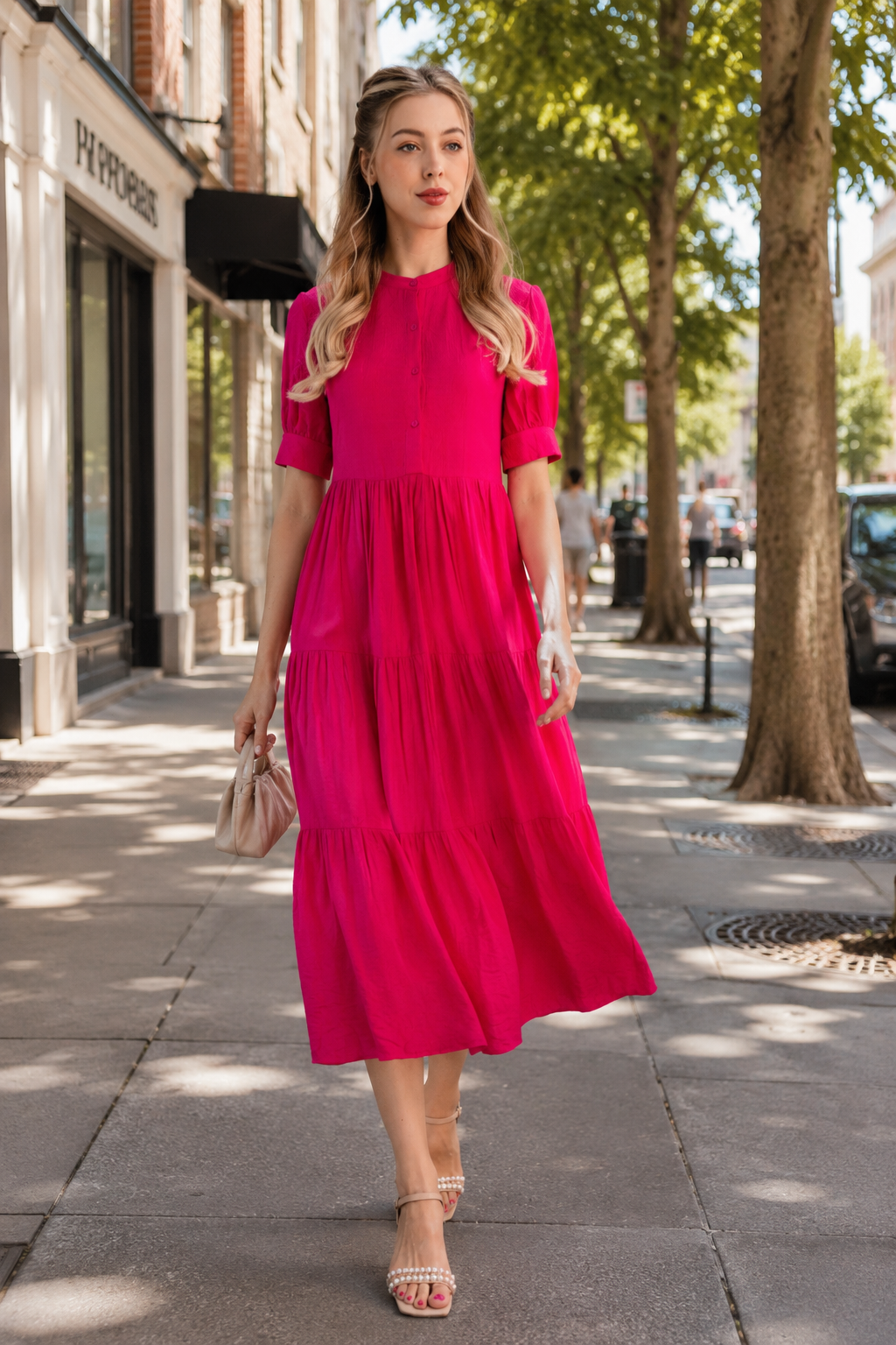 Fuchsia Crinkle Tiered Midi Dress