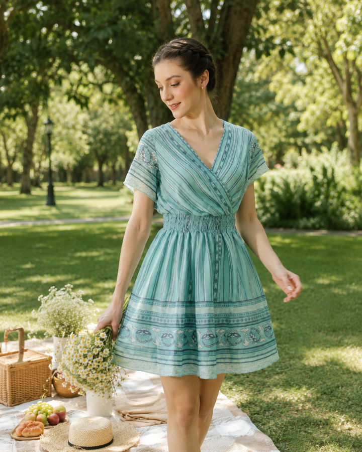 Stripe Printed Crepe Midi Dress-Light green