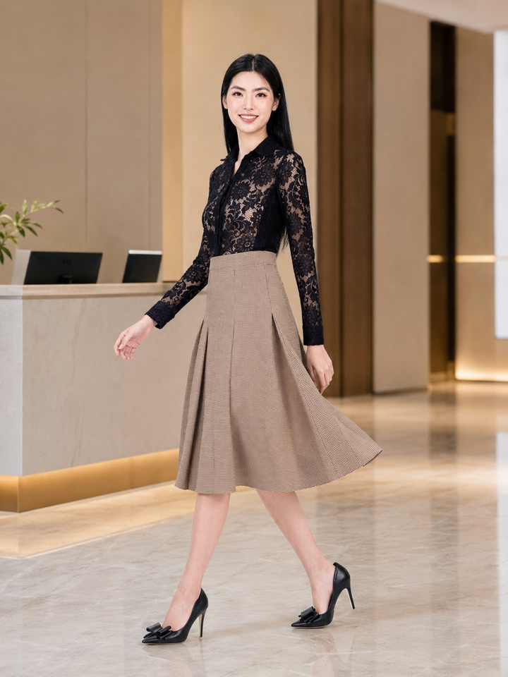 High-Waisted Pleated Midi Skirt – Checkered Pattern