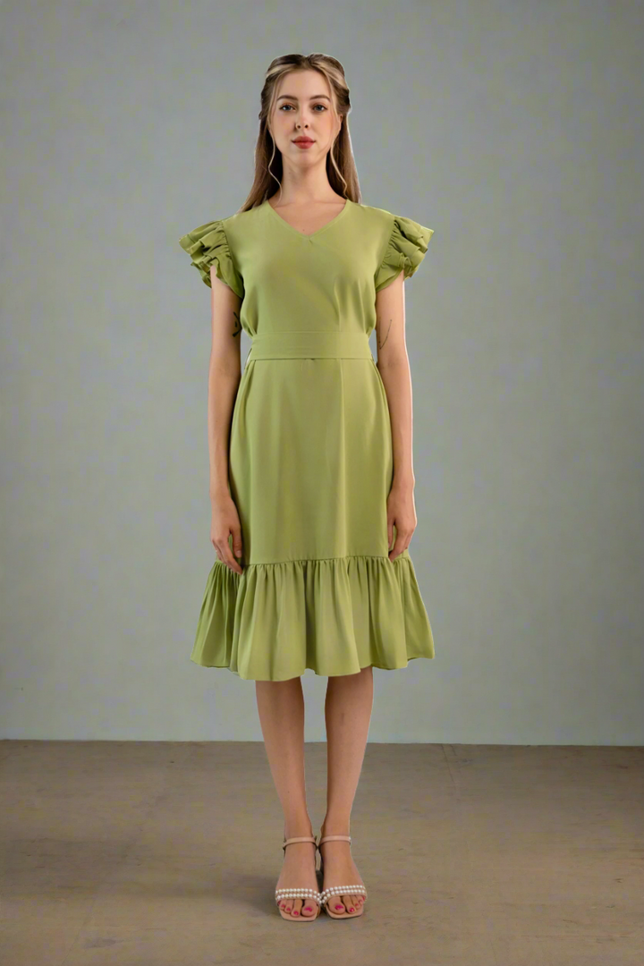 Pleated Flutter-Sleeve Dress-Light green