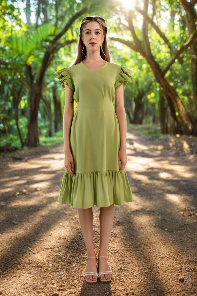 Pleated Flutter-Sleeve Dress-Light green