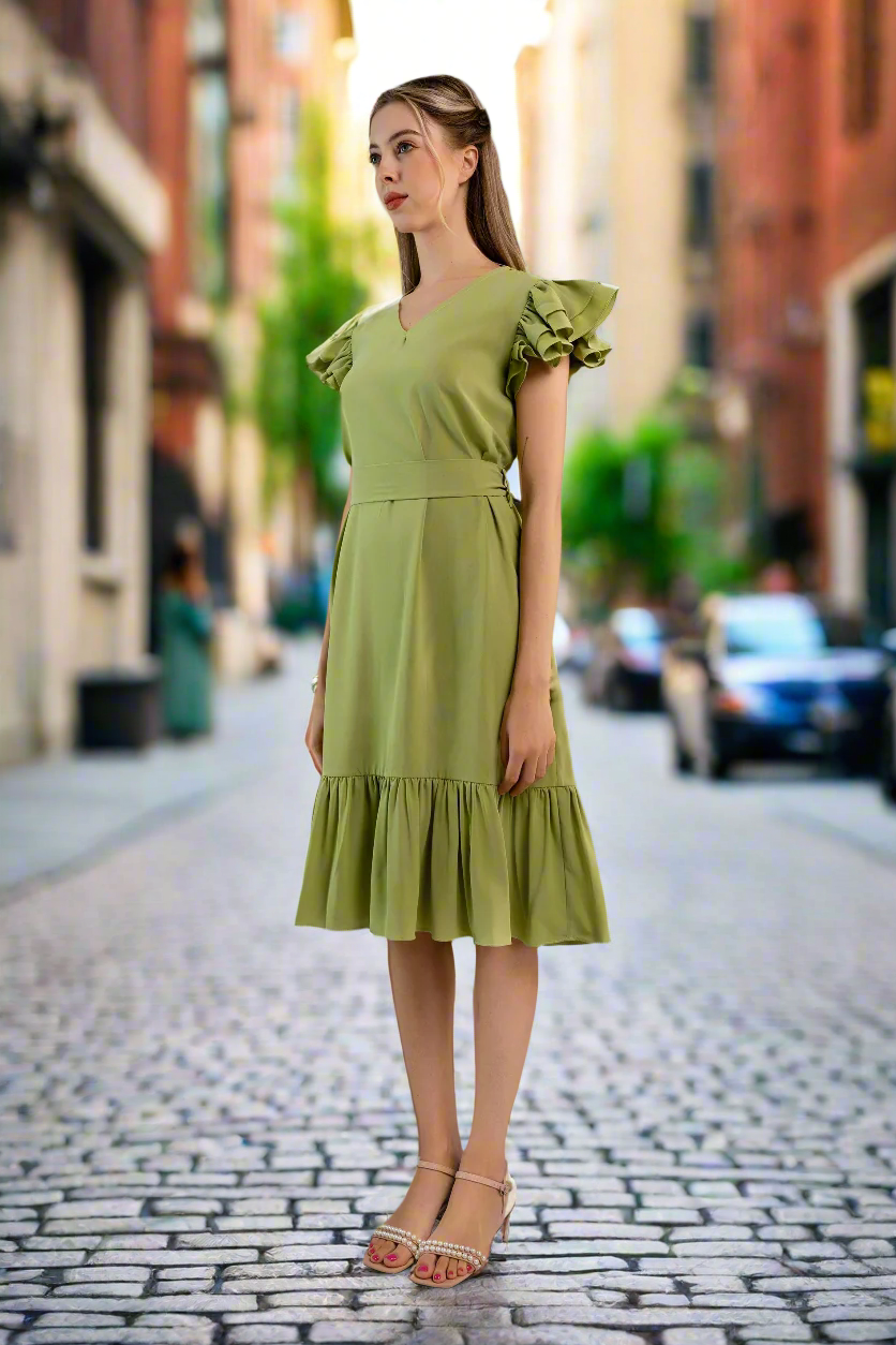 Pleated Flutter-Sleeve Dress-Light green