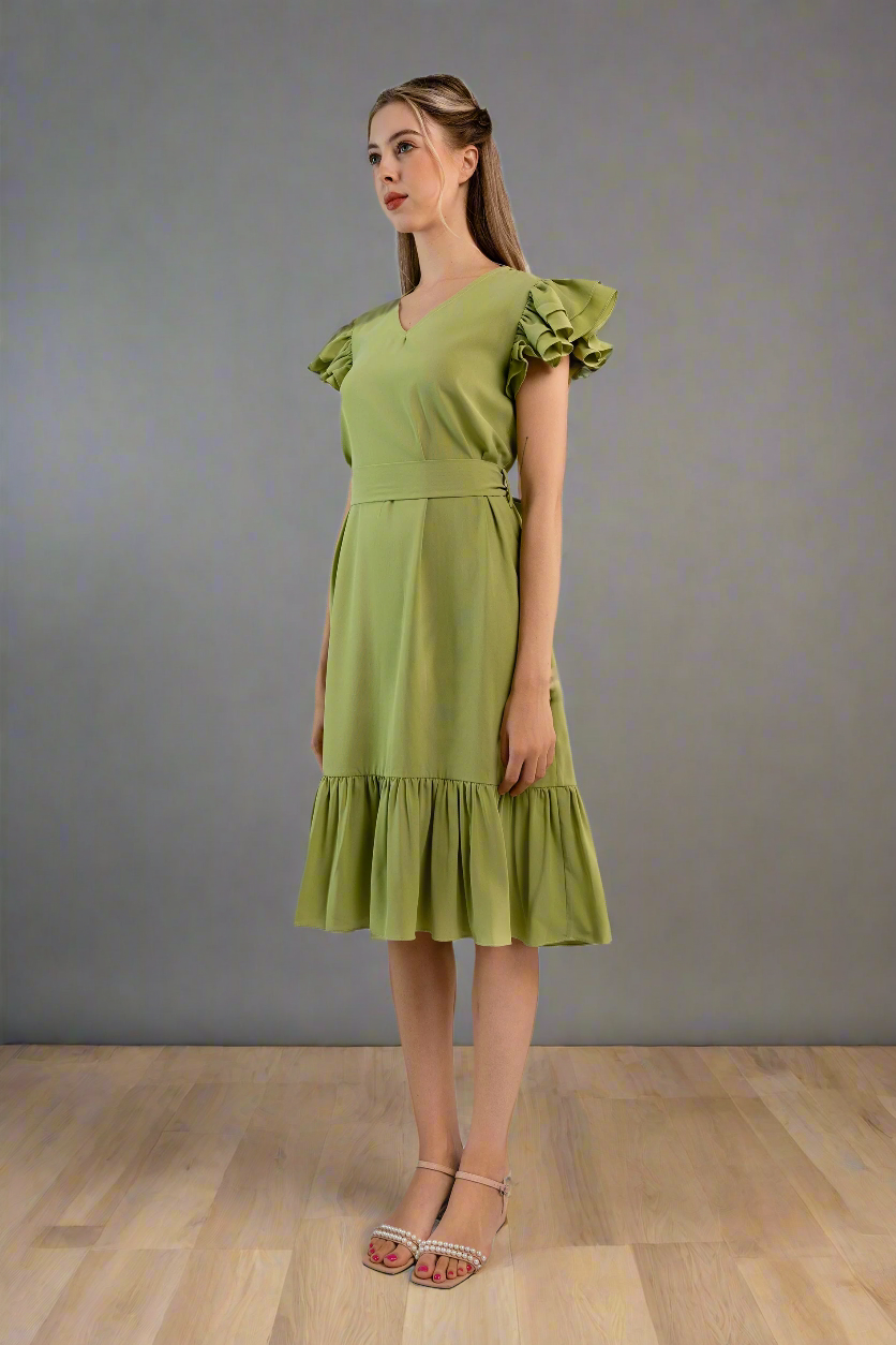 Pleated Flutter-Sleeve Dress-Light green