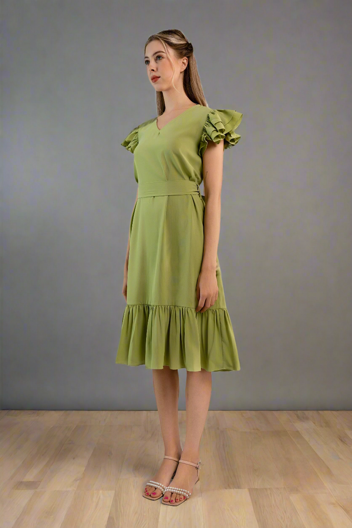 Pleated Flutter-Sleeve Dress-Light green