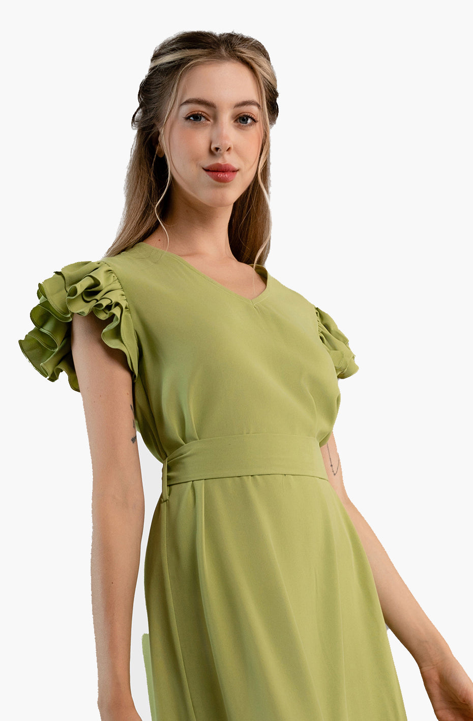 Pleated Flutter-Sleeve Dress-Light green