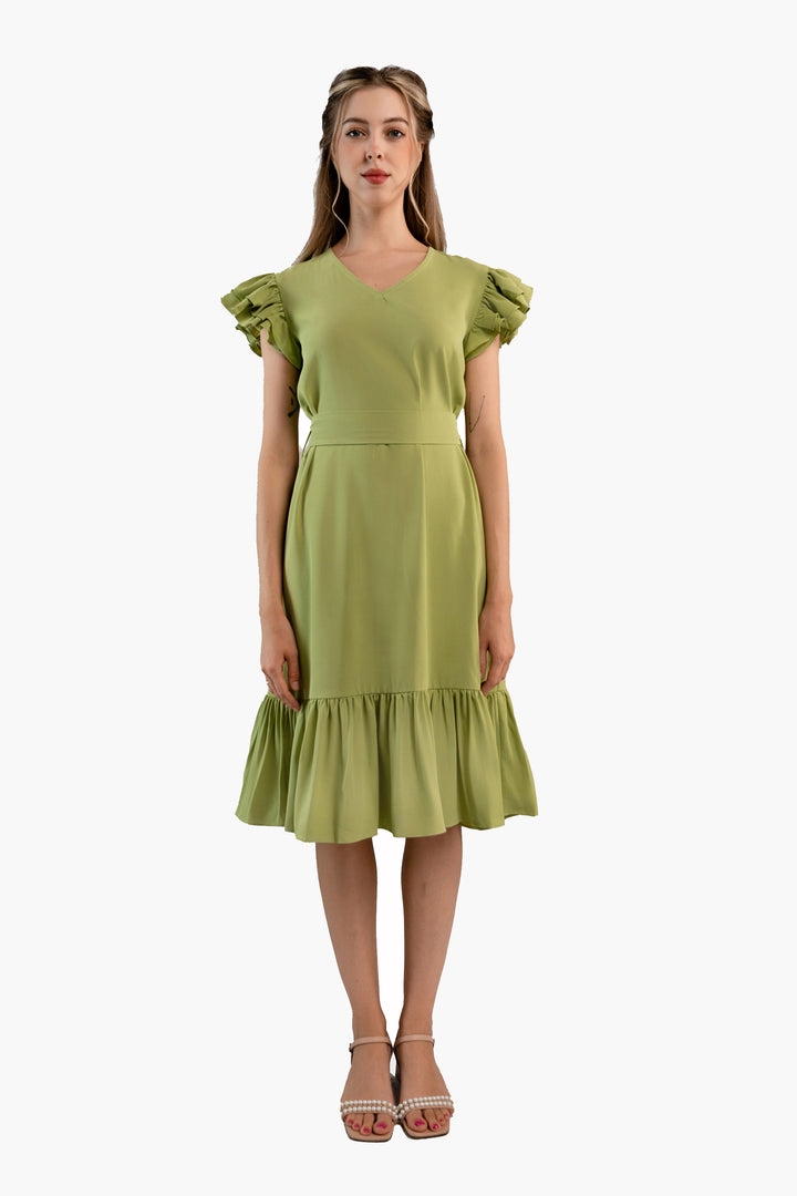 Pleated Flutter-Sleeve Dress-Light green