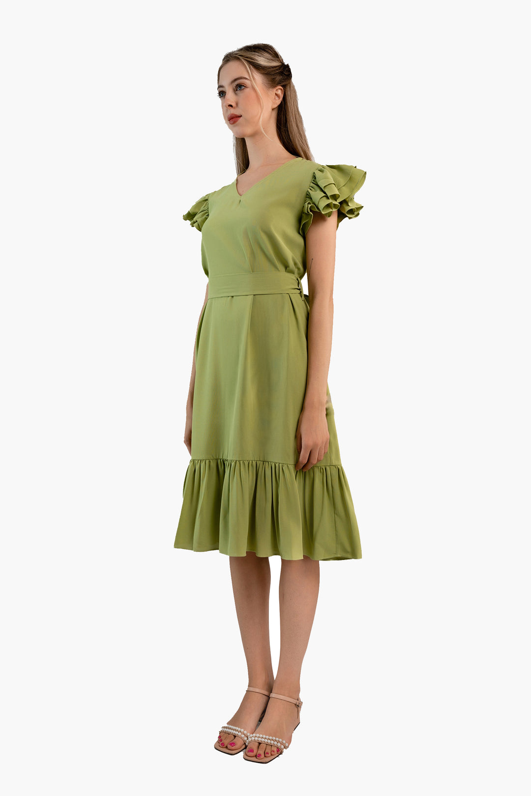 Pleated Flutter-Sleeve Dress-Light green