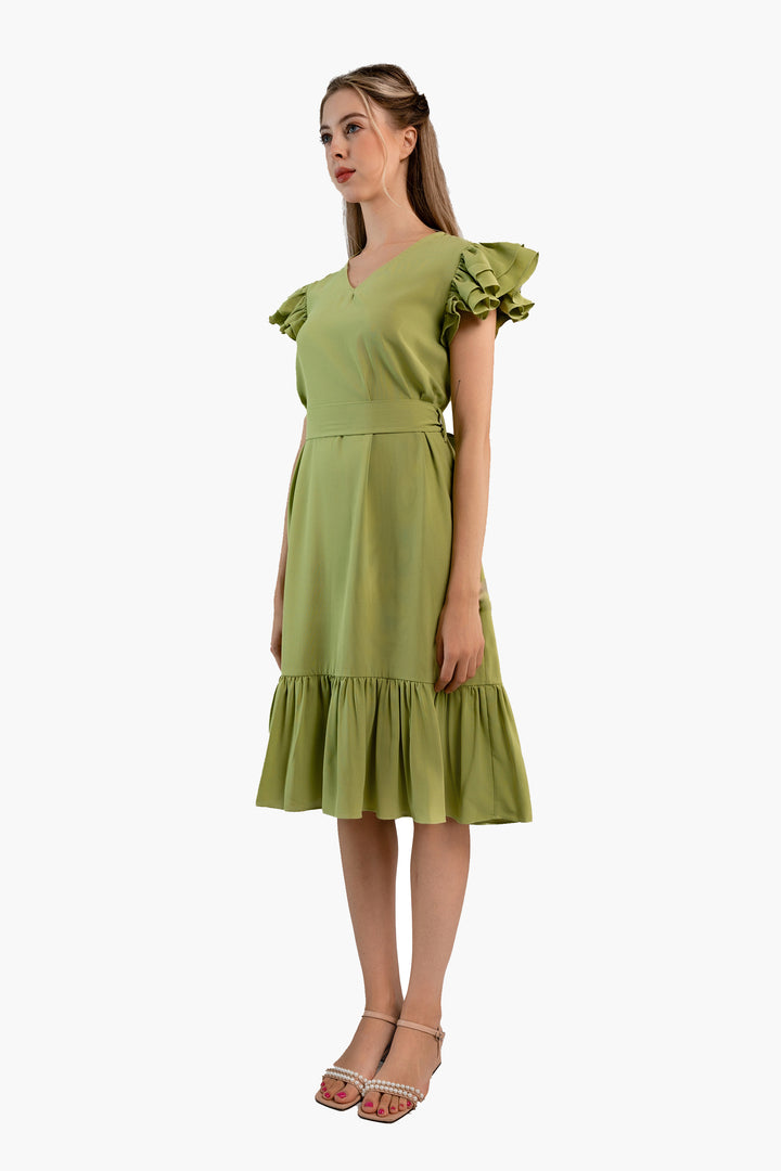 Pleated Flutter-Sleeve Dress-Light green