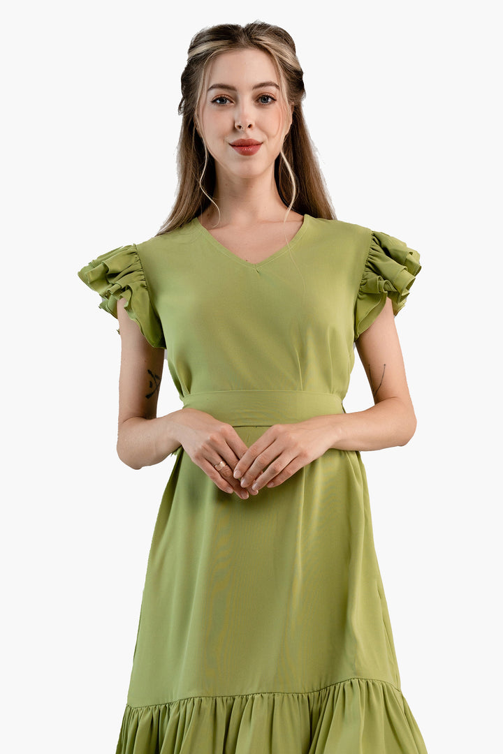 Pleated Flutter-Sleeve Dress-Light green