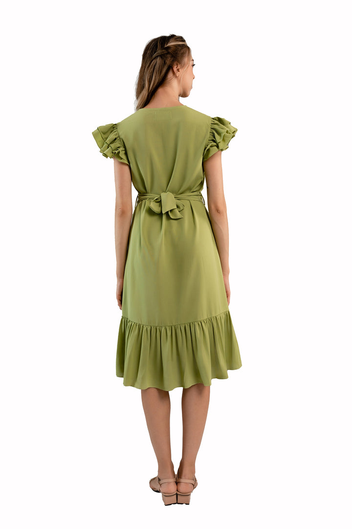 Pleated Flutter-Sleeve Dress-Light green