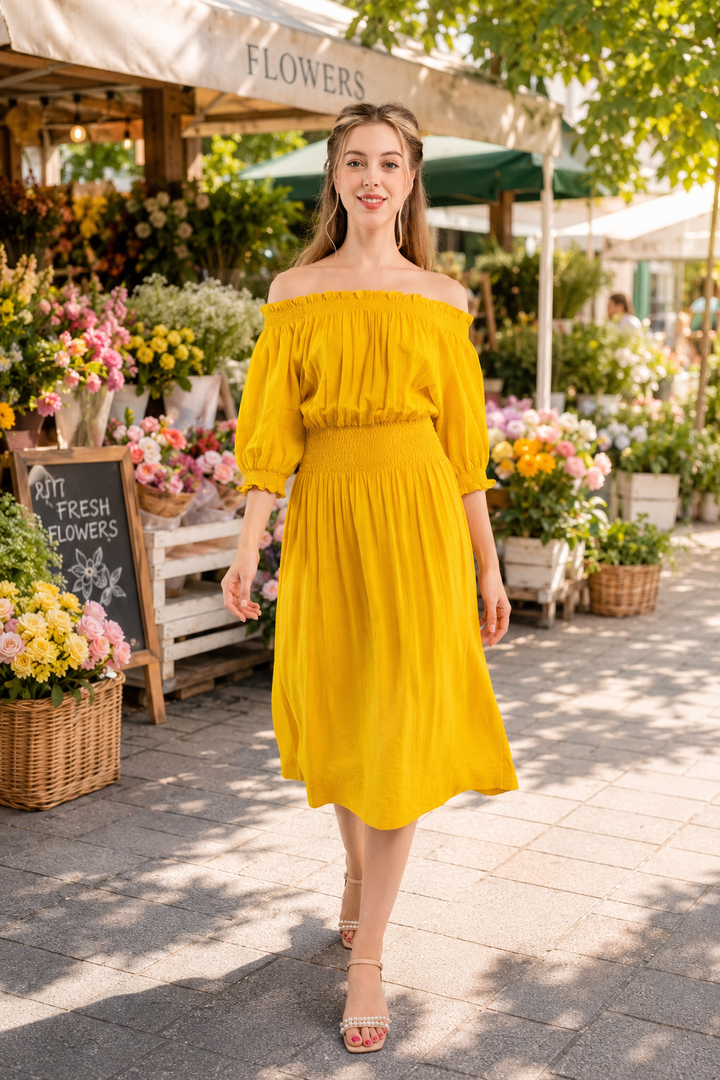 Off-Shoulder Crinkle Midi Dress – Marigold