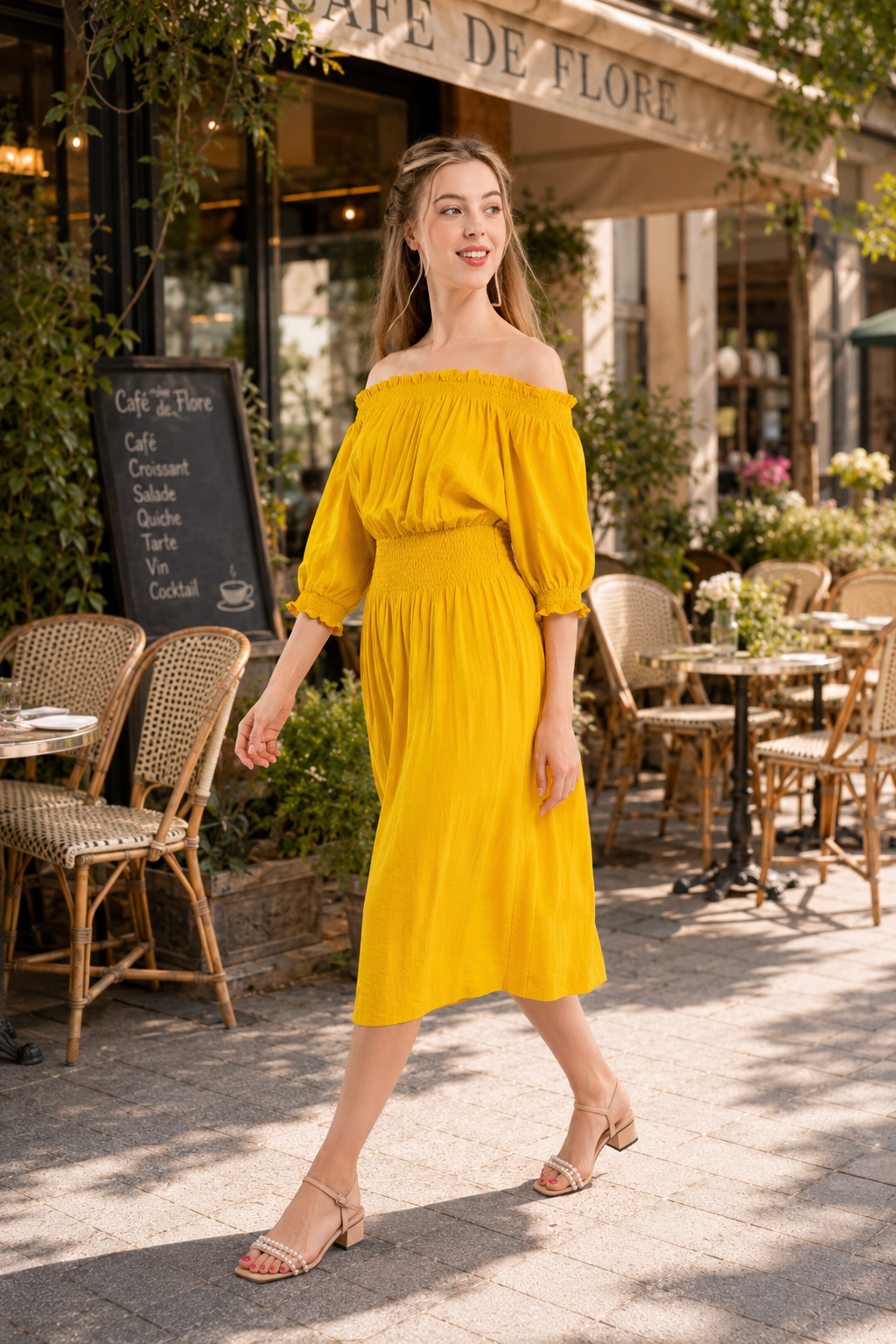 Off-Shoulder Crinkle Midi Dress – Marigold