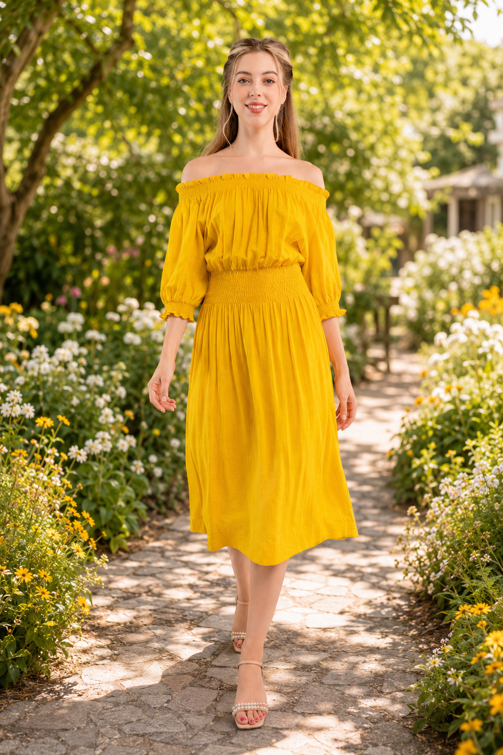 Off-Shoulder Crinkle Midi Dress – Marigold