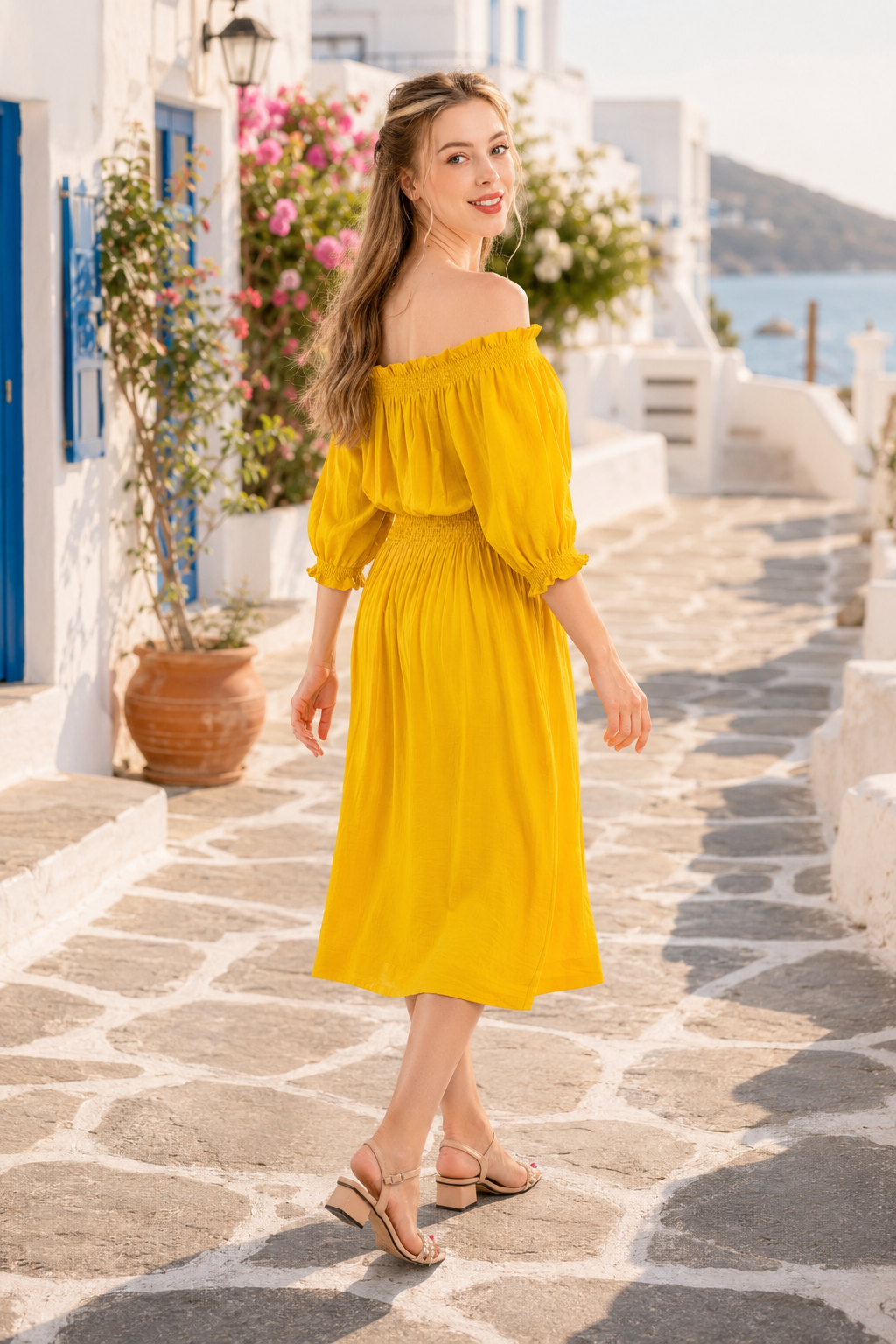 Off-Shoulder Crinkle Midi Dress – Marigold